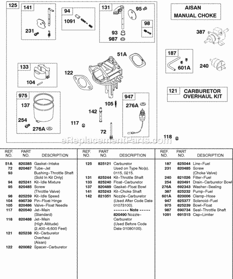 Carburetor Aisan Manual Choke Diagram and Parts List for 433447-0215-E2  Briggs and Stratton Engine